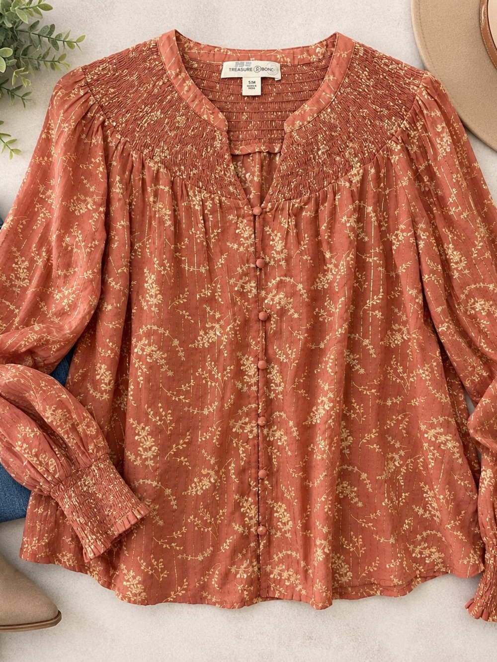 Treasure & Bond Pink Ivory Dancing Floral Smocked Blouse S/M NWT